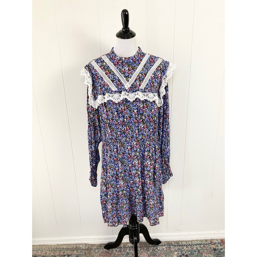 H&M Divided Floral Lace Trim Mini Dress XL‎ Blue Pink Cottagecore Mock Neck NWT